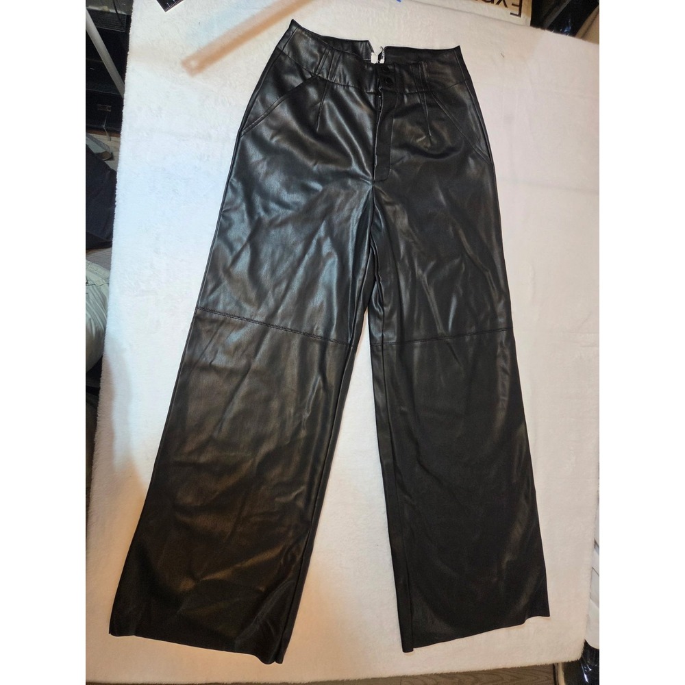 333 DKNY Jeans Faux Leather Pants Women's Size 0 Black Wide Leg NWT $89